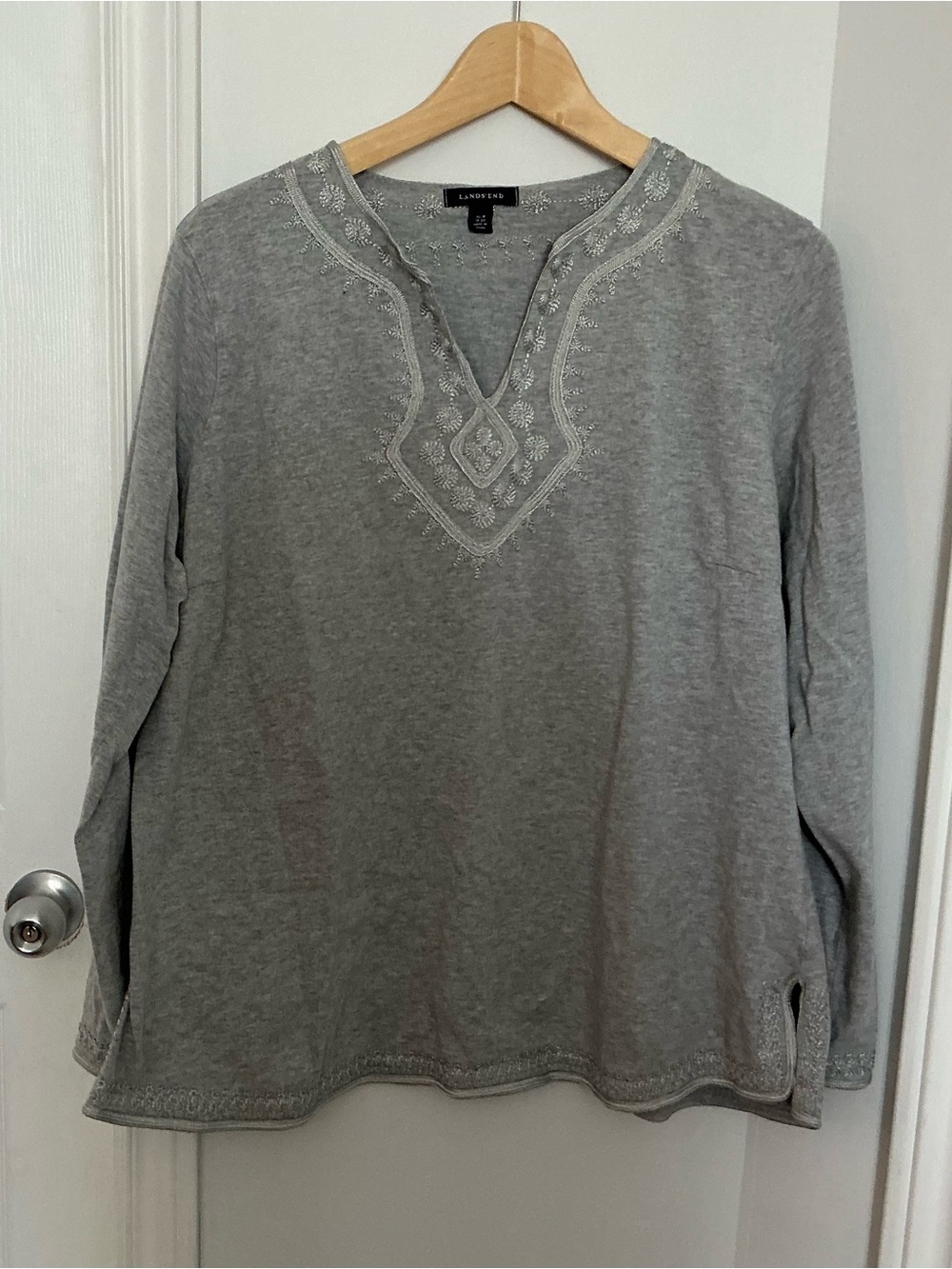 Lands' End Grey Embroidered V-Neck Tunic